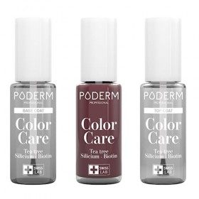 PODERM - LOT 3 PRODUITS | SOIN VERNIS PROFESSIONNEL COMPLET | Base Coat + Top Coat + Vernis Rouge Noir TEA TREE | Prévention 