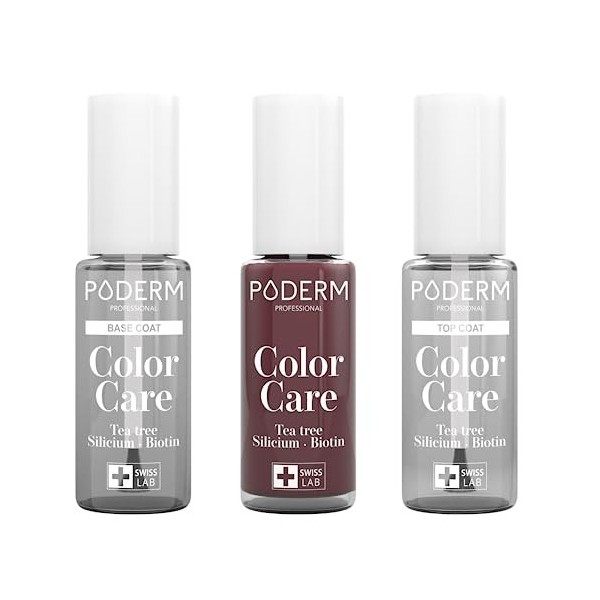 PODERM - LOT 3 PRODUITS | SOIN VERNIS PROFESSIONNEL COMPLET | Base Coat + Top Coat + Vernis Rouge Noir TEA TREE | Prévention 