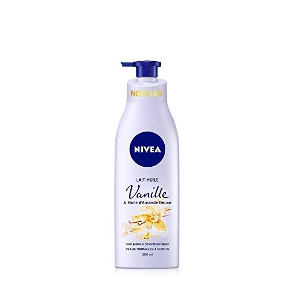 NIVEA Lait-Huile Vanille & Huile dAmande Douce 1 x 200 ml , Lait pour le corps pour peaux normales à sèches, Lait corporel 