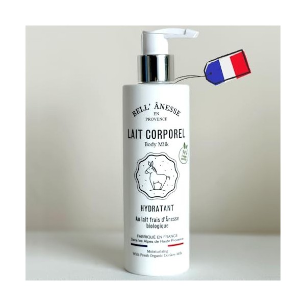 Lait corps hydratant au Lait frais dÂnesse BIO Fabrication Française. Tous types de peau. Flacon pompe 250 ml