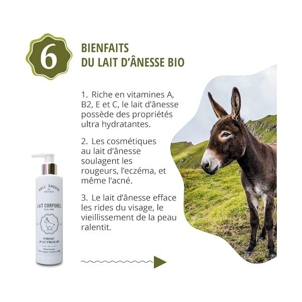 Lait corps hydratant au Lait frais dÂnesse BIO Fabrication Française. Tous types de peau. Flacon pompe 250 ml