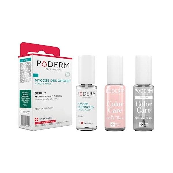 PODERM - LOT 3 PRODUITS | MYCOSE ONGLES TRAITEMENT PURIFIANT + Vernis ROSE Tea Tree + Top Coat Brillant Longue Tenue | Soigne