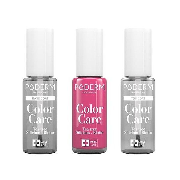 PODERM - LOT 3 PRODUITS | SOIN VERNIS PROFESSIONNEL COMPLET | Base Coat + Top Coat + Vernis Framboise TEA TREE | Prévention &