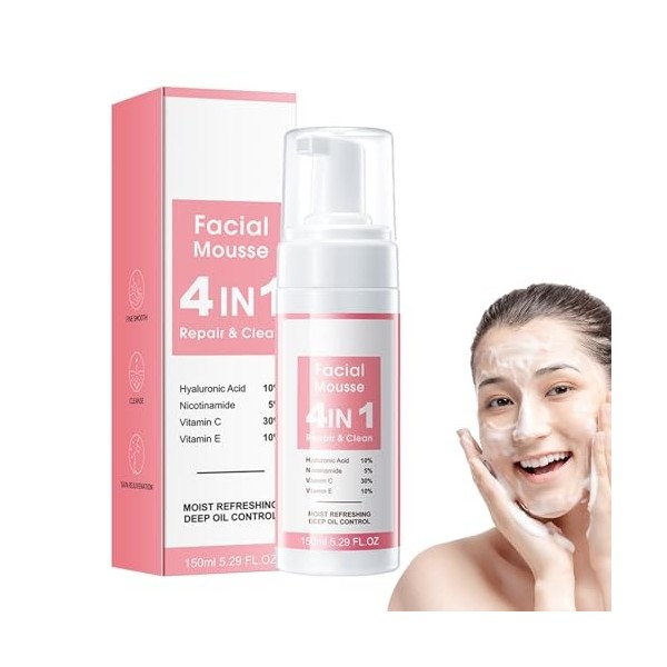 4 in 1 Nettoyant pour le Visage, Nettoyant Facial Hydratant, Nettoyant Moussant Visage les Points Noirs, Imperfections et le 