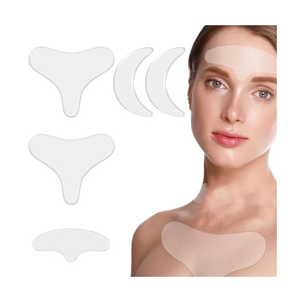 AUEFUDQ Patchs Anti-rides pour le Visage, 5 Bandes Réutilisables en Silicone pour le Visage et le Front, Bande Anti-rides Lis