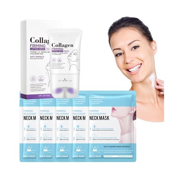 Crème Pour Le Cou + 5 Pcs Masque Pour Le Cou, Crème Pour Le Cou Au Collagène Avec Rouleau, Anti-Rides Lifting Du Cou Masque, 