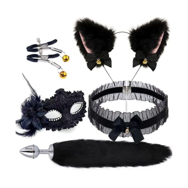 QiKKago 𝓢𝓮̣𝔁 𝓣σ𝔂𝓼 Ensemble de cosplay renard noir : Mystérieux glamour et séduisant. Un cadeau original pour les hommes et le