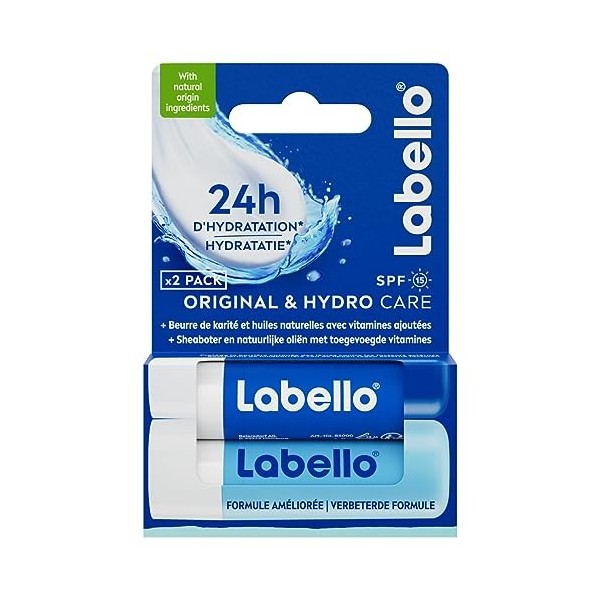 LABELLO Original & Hydro-Care 1 x 5,5 ml , Baume à lèvres enrichi en huiles naturelles et à la texture onctueuse & Soin des 