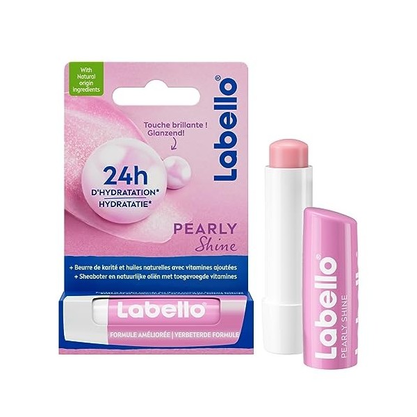 LABELLO Pearly Shine 1 x 5,5 ml , Baume à lèvres enrichi en huiles naturelles & perles de soie, Soin des lèvres Hydratation 