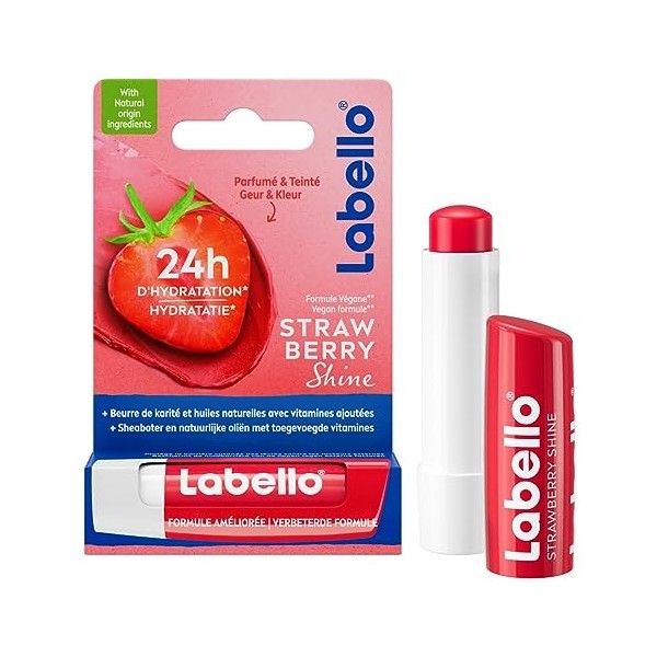 LABELLO Strawberry Shine 1 x 5,5 ml , Baume à lèvres enrichi en huiles naturelles et vitamines C & E, Soin des lèvres Hydrat