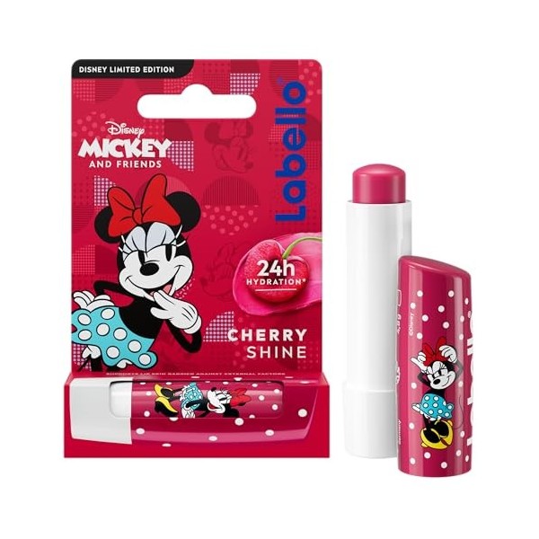 LABELLO Cherry Shine Minnie Mouse édition limitée Disney 1 x 4.8g , Stick à lèvres hydratant pour enfants au parfum cerise, 