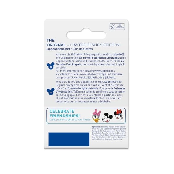 LABELLO Mickey Mouse édition limitée Disney 1 x 5,5 ml , Stick à lèvres hydratant pour enfants, Baume à lèvres nourrissant h