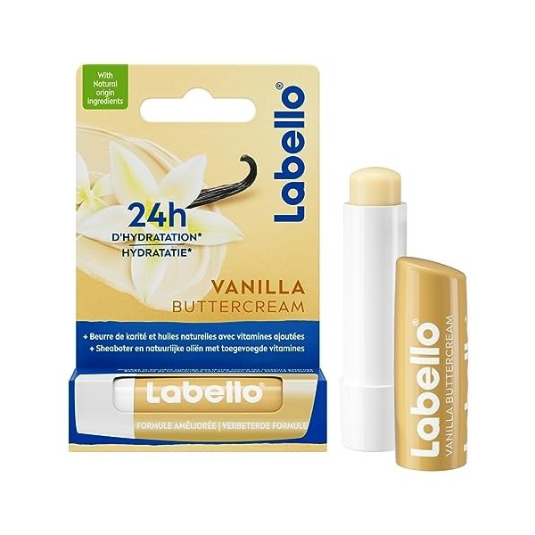 LABELLO Vanilla Buttercream 1 x 5,5 ml , Baume à lèvres enrichi en huiles naturelles et vitamines C & E, Soin des lèvres Hyd