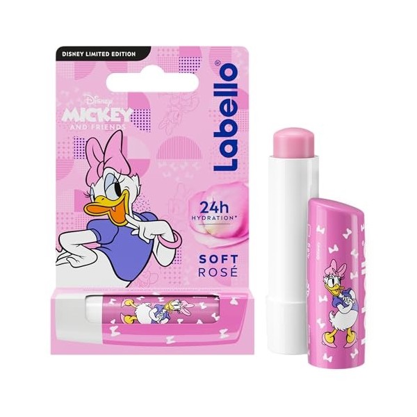 LABELLO Soft Rosé Daisy Duck édition limitée Disney 1 x 5,5 ml , Stick à lèvres nacré hydratant pour enfants, Baume à lèvres