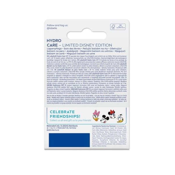 LABELLO Hydro Care édition limitée Donald Duck 1 x 5,5 ml , Stick à lèvres FPS 15 hydratant pour enfants, Baume à lèvres nou