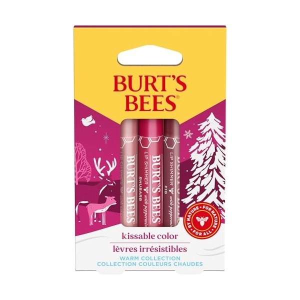 Cadeau pour femme Burt’s Bees | Coffret cadeau pour lèvres hydratant avec 3 brillants à lèvres dans les tons pivoine, rhubarb