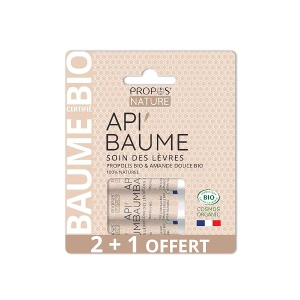 Stick à lèvres ApiBaume Bio - LOT 2 +1 OFFERT - Propolis & Cire dabeille - 100% naturel - Fabriqué en France -3x3,7G - PROP