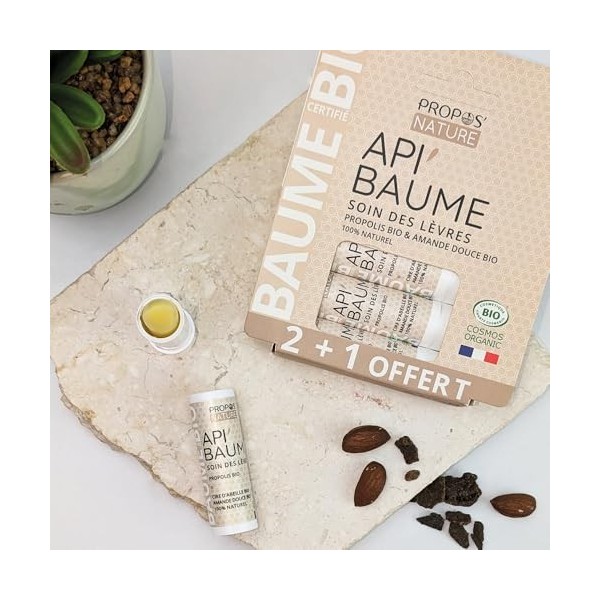 Stick à lèvres ApiBaume Bio - LOT 2 +1 OFFERT - Propolis & Cire dabeille - 100% naturel - Fabriqué en France -3x3,7G - PROP