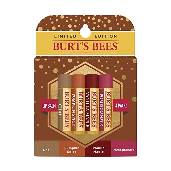 Burts Bees Baume à lèvres hydratant 100 % naturel, assortiment dautomne, thé chai, épice de citrouille, érable vanille, gre