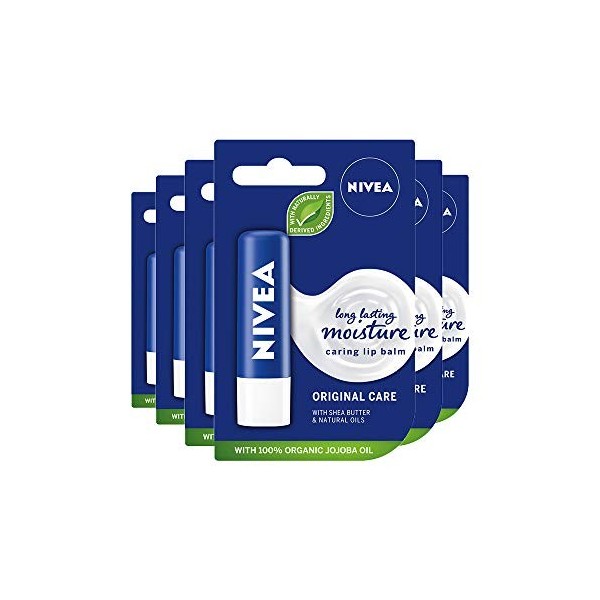 NIVEA Baume à lèvres Original Care - Lot de 6 6 x 4,8 g - Hydratant protecteur pour les lèvres au beurre de karité et aux h