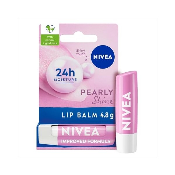 NIVEA Pearly Shine Baume à lèvres 4,8 g , beurre de karité, huiles naturelles et vitamines, hydrate 24 h et un toucher brill