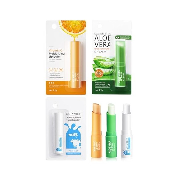 Baume à lèvres-3 pièces avec aloe vera, vitamine C et lait, Soin des lèvres hydratant longue durée pour les lèvres sèches et 