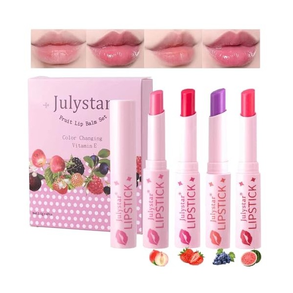 Lot de 4 rouges à lèvres fruités changeant de couleur - Hydratants et durables avec vitamine E, hydratation, texture légère, 