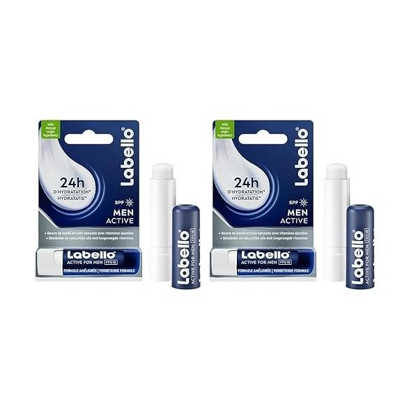 LABELLO Active for Men 1 x 1 pce , Baume à lèvres enrichi en beurre de karité et huiles naturelles, Soin des lèvres contenan