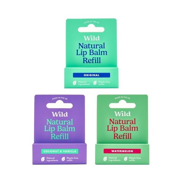 Wild - Baume à Lèvres Naturel Rechargeable - Lot de 3 Recharges de Baume à Lèvres aux Parfums Différents - Original, Coconut 