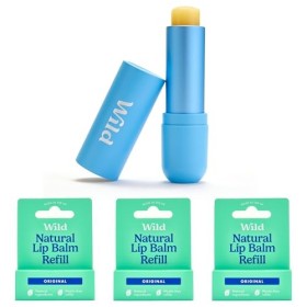 Wild Lot de Baumes à Lèvres Naturels Rechargeables - Comprend un Étui en Aluminium Bleu & Lot de 3 Recharges de Baume à Lèvre