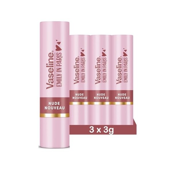 Vaseline x Emily in Paris | Baume à lèvres teinté Set de 3 Sticks | Édition Limitée | Nude Nouveau, Parisian Pink & Rouge Ro