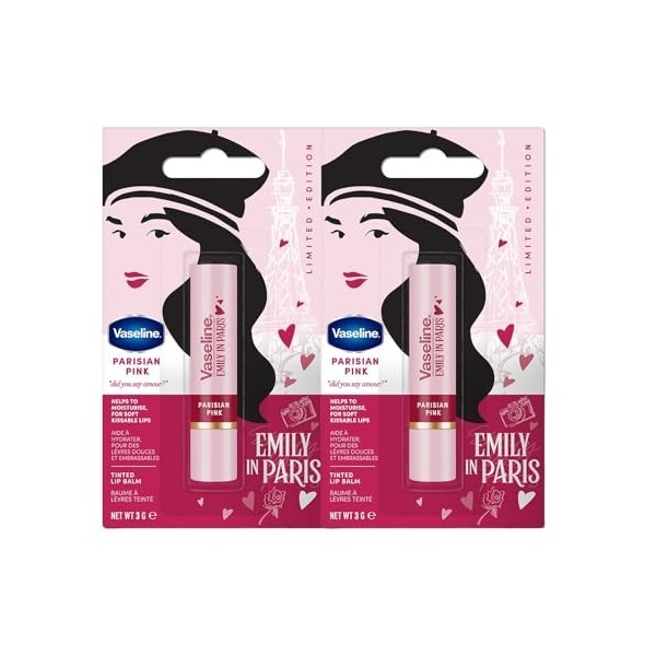 Vaseline x Emily in Paris | Baume à lèvres teinté Set de 3 Sticks | Édition Limitée | Nude Nouveau, Parisian Pink & Rouge Ro