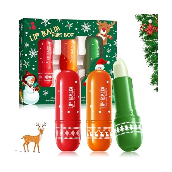 Allony Baume Levre, 3 Pièces Soins pour les Lèvres, Hydratant Rotatif Baumes à Lèvres, Modèle de Noël, Exfolie en Profondeur,