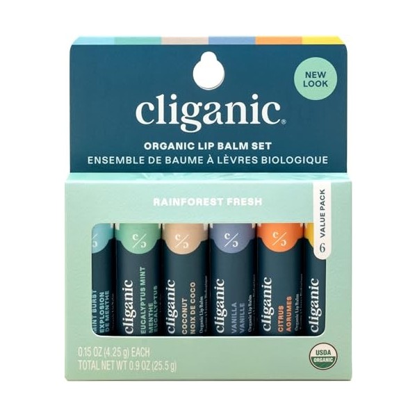 Cliganic USDA Baume à lèvres bio – 6 saveurs – Hydratant 100% naturel pour les lèvres craquelées et sèches