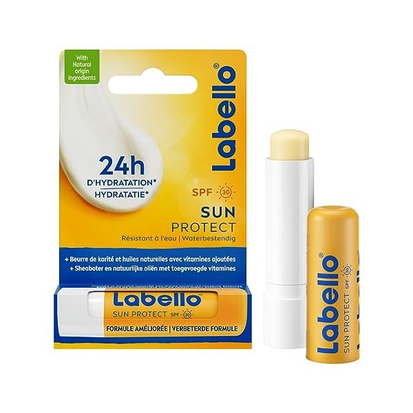 LABELLO Protect + 1 x 5,5 ml , Baume à lèvres enrichi en huiles naturelles et protection solaire FPS 15, Soin des lèvres Hyd