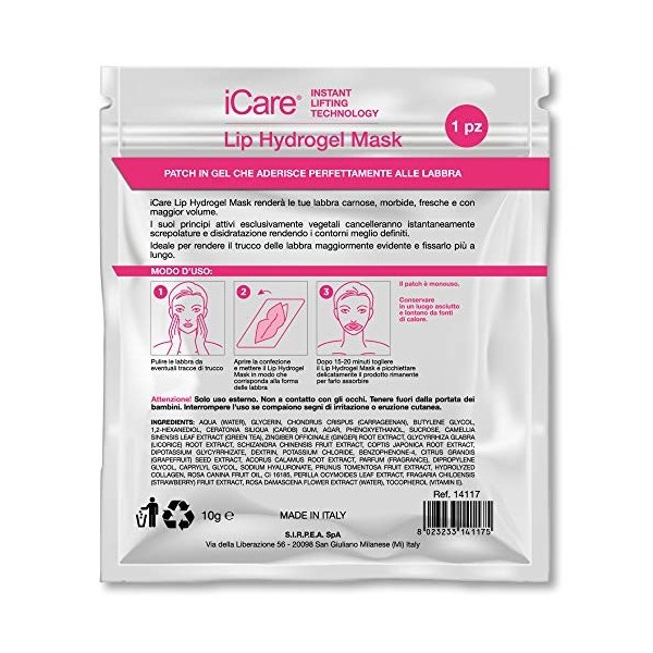 iCare Masque Hydrogel pour les Lèvres - Technologie de Lifting Immédiat, Patch Gel, Avec Principes Actifs Végétaux, Hydratant