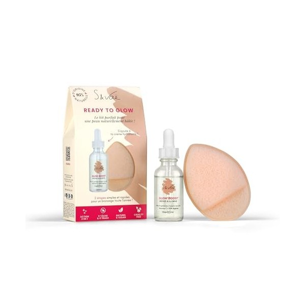 Coffret Ready to Glow Visage - Éponge exfoliante et Sérum autobronzant Glow Boost, Vitamine C et E - Booster de Bonne Mine et