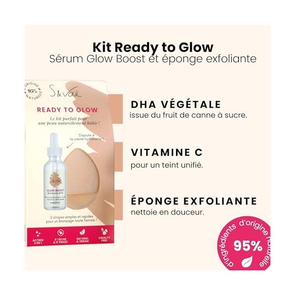 Coffret Ready to Glow Visage - Éponge exfoliante et Sérum autobronzant Glow Boost, Vitamine C et E - Booster de Bonne Mine et