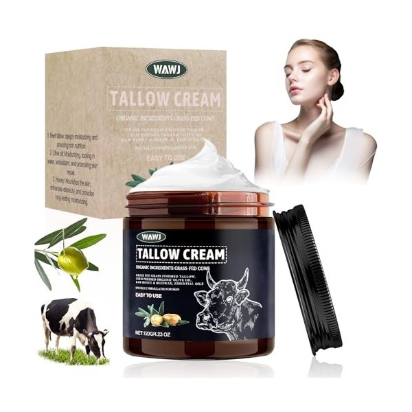 WAWJ® Beef Tallow Skincare, Crème de suif de bœuf bio, Tallow Balm Pure, Crème de suif de bœuf à base dherbe, suif de bœuf b