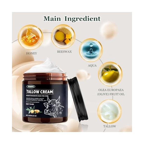 WAWJ® Beef Tallow Skincare, Crème de suif de bœuf bio, Tallow Balm Pure, Crème de suif de bœuf à base dherbe, suif de bœuf b