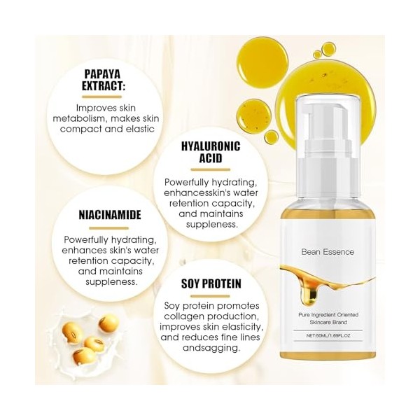 Allony Bean Essence, Serum Visage Riche en Protéines de Soja, Acide Hyaluronique Serum Visage, 50ML Serum Hydratant Visage, K