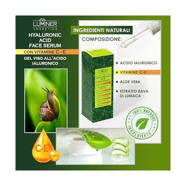 LUMINER® 2x100 ml Sérum visage à lacide hyaluronique, formule naturelle anti-rides enrichie à la barde descargot, à laloe 