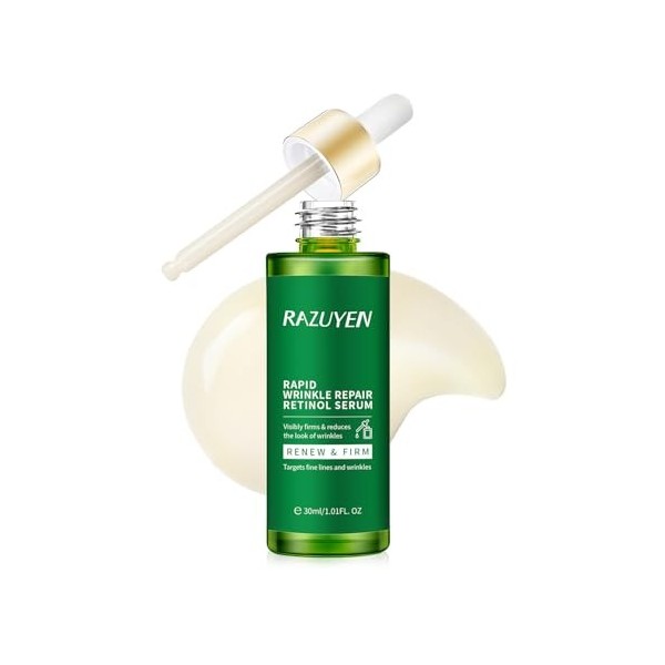 RAZUYEN Retinol Serum Visage Anti Age, Sérum anti-rides en Rétinol + 5 Peptides, Réduit lApparence des Rides et des Imperfec