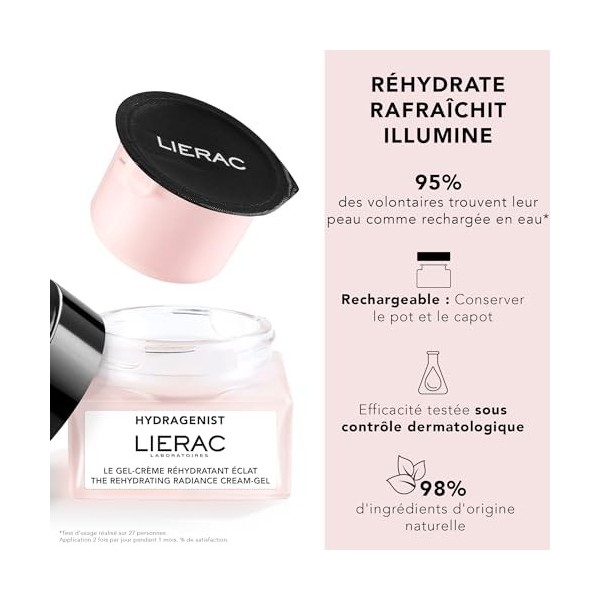 Lierac - Hydragenist - Recharge du Gel-Crème Réhydratant Éclat 50ml - Soin Visage - Réhydrate - Rafraîchit - Illumine - 98% d