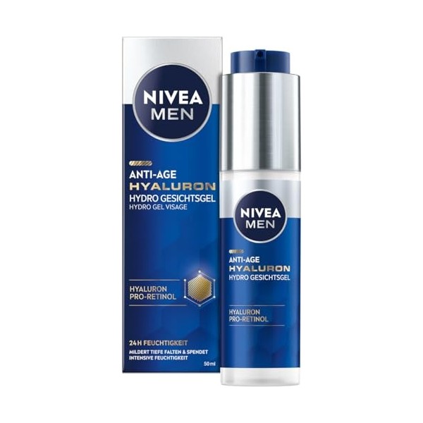 NIVEA MEN Gel anti-âge Hyaluron Hydro pour le visage rafraîchissant à lacide hyaluronique et au pro-rétinol, gel à absorptio