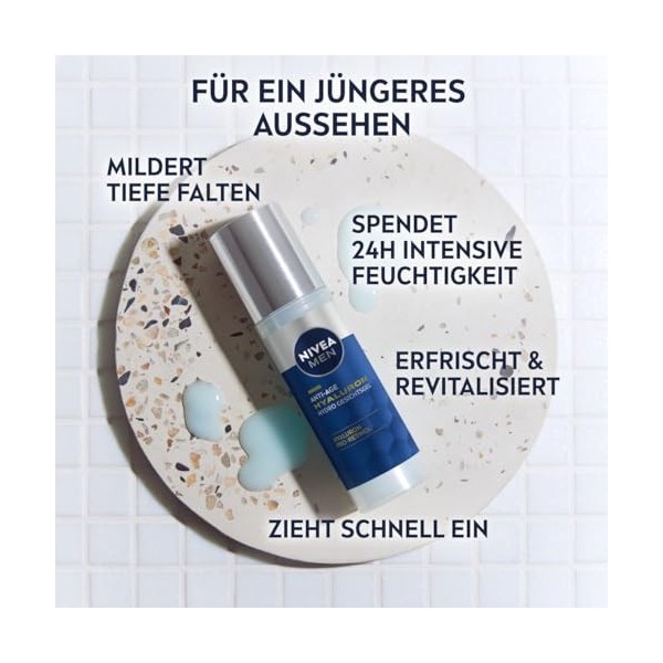 NIVEA MEN Gel anti-âge Hyaluron Hydro pour le visage rafraîchissant à lacide hyaluronique et au pro-rétinol, gel à absorptio