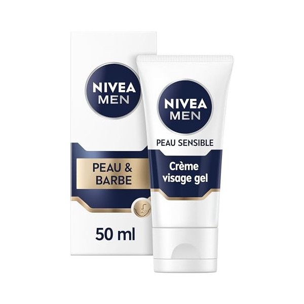 NIVEA MEN Crème Visage Gel Peau & Barbe pour peaux sensibles 1 x 50 ml , crème visage hydratante homme 0% alcool, crème barb