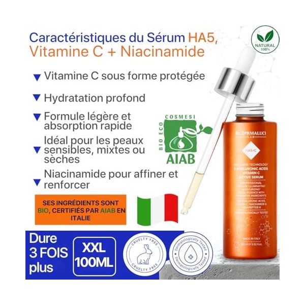 Serum Visage Anti-Age 5 Acides Hyaluroniques Vitamine C Niacinamide 100ML BIO |Hexapeptide Rose de Damas | Illuminateur Hydra