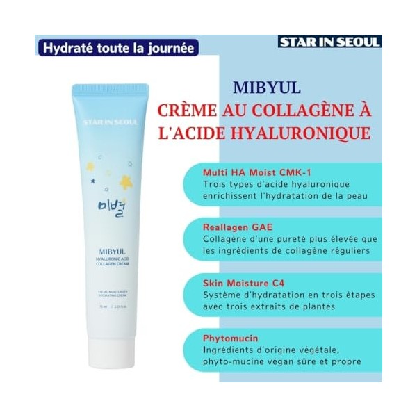 [STAR IN SEOUL] MIBYUL CRÈME AU COLLAGÈNE À LACIDE HYALURONIQUE, 75 ml, Crème hydratante pour le visage et le cou, maintient