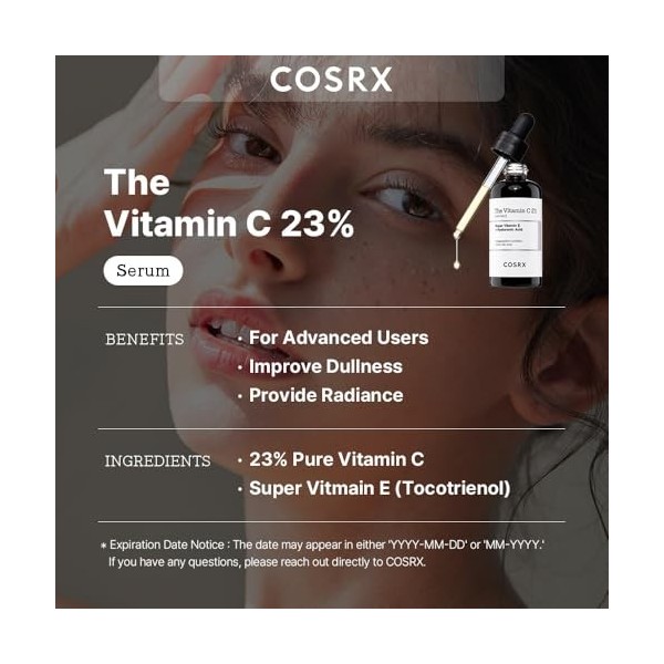 COSRX Sérum à la vitamine C pure à 23% avec vitamine E acide ascorbique et acide hyaluronique, sérum hydratant pour le visa